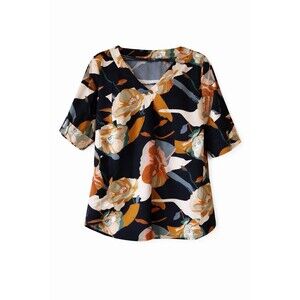 U. Vomade Women’s L Floral Blouse Black Orange Print Chic V-Neck